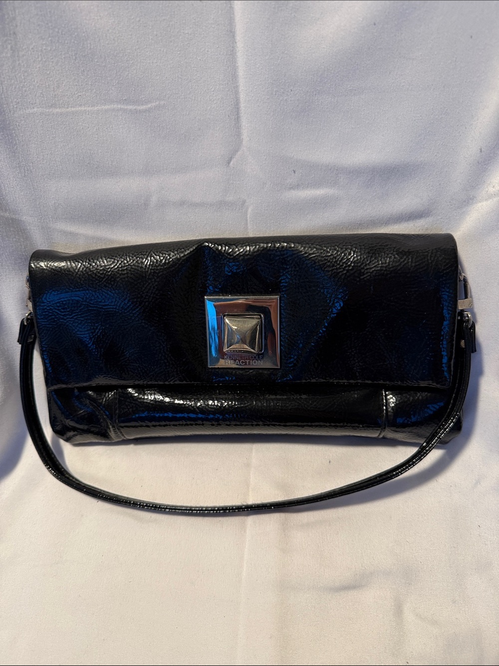 Kenneth Cole Reaction Black Patent Leather Wristlet Clutch with Silver Accent